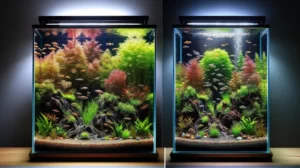 Visual comparison image of a 5 gallon aquarium next to a 10 gallon fish tank